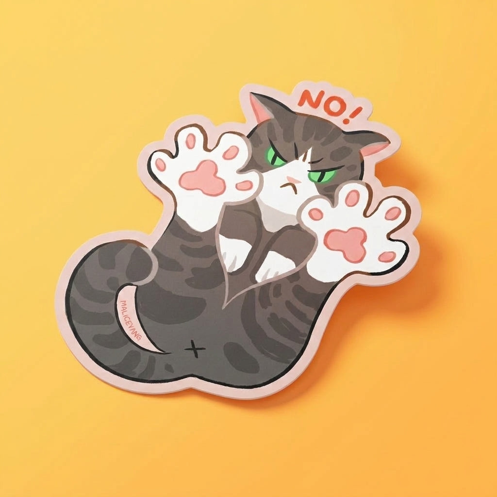 Angled No! Cat Toe Beans die-cut waterproof vinyl sticker on a matching bright yellow background with orange shadows.