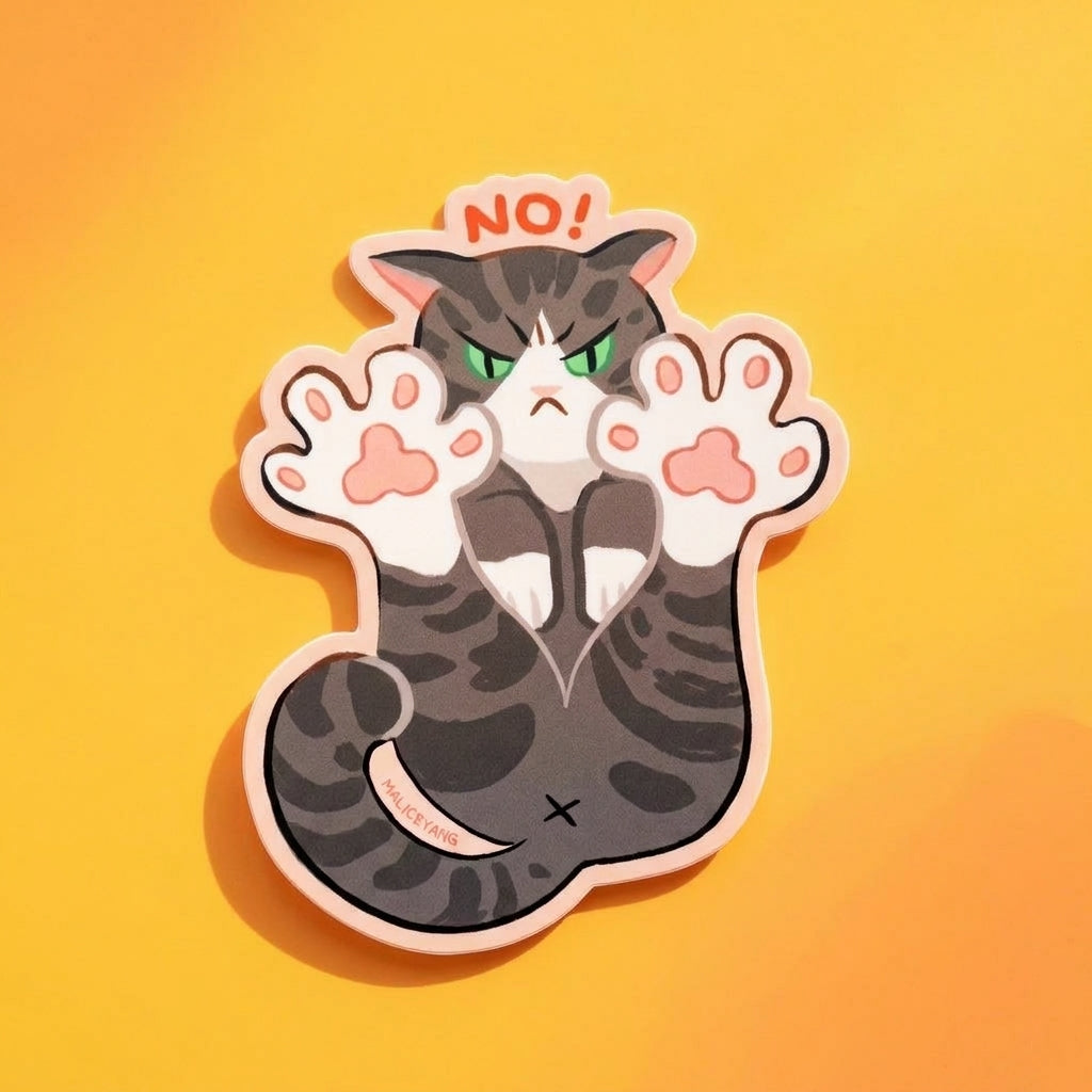 No! Cat Toe Beans die-cut waterproof vinyl sticker featuring a gray tabby cat with oversized white paws and pink toe beans on a bright yellow background with orange shadows.