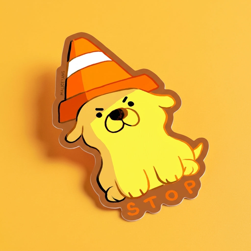 Angled Stop Dog kiss-cut waterproof vinyl sticker with a warm brown border on a bright golden-yellow background with a warm orange shadow.