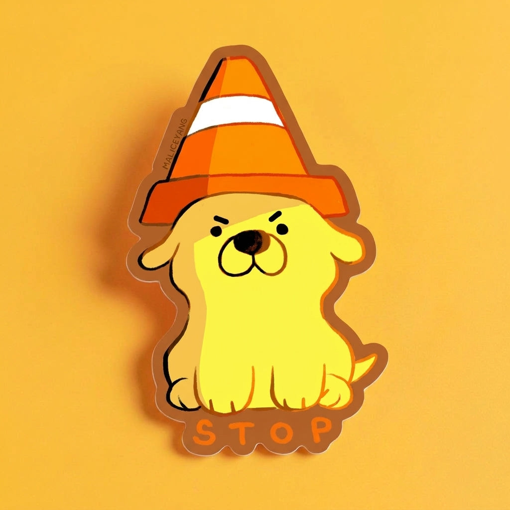 Straight-on Stop Dog kiss-cut waterproof vinyl sticker with a warm brown border and soft orange cast shadow on a bright yellow background.