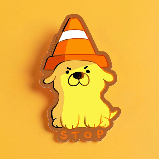 Straight-on Stop Dog kiss-cut waterproof vinyl sticker with a warm brown border and soft orange cast shadow on a bright yellow background.